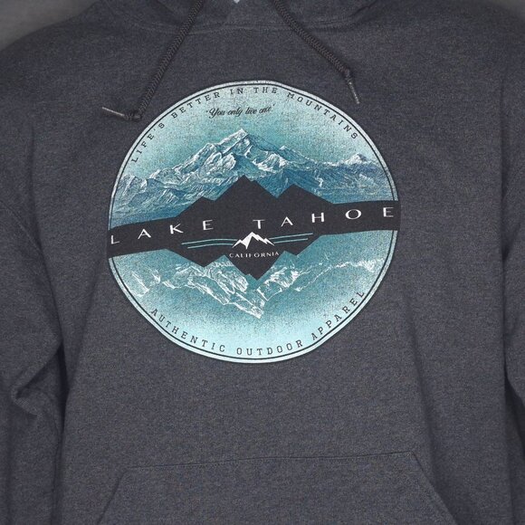 Jerzees Lake Tahoe Mens Graphic Hoodie M Gray Outdoor Pullover Sweatshirt - Picture 1 of 6